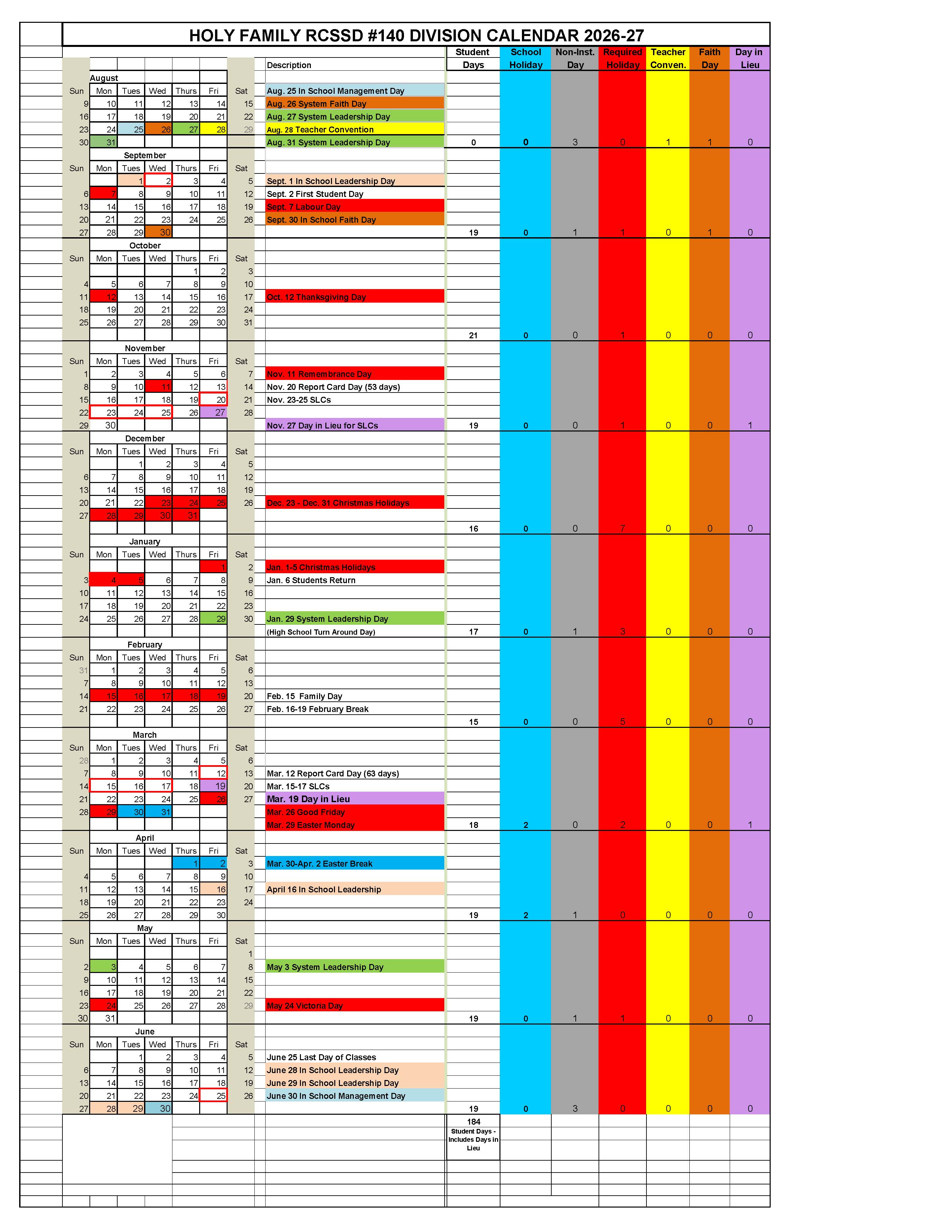 Holy Family Division Calendar 2026 27